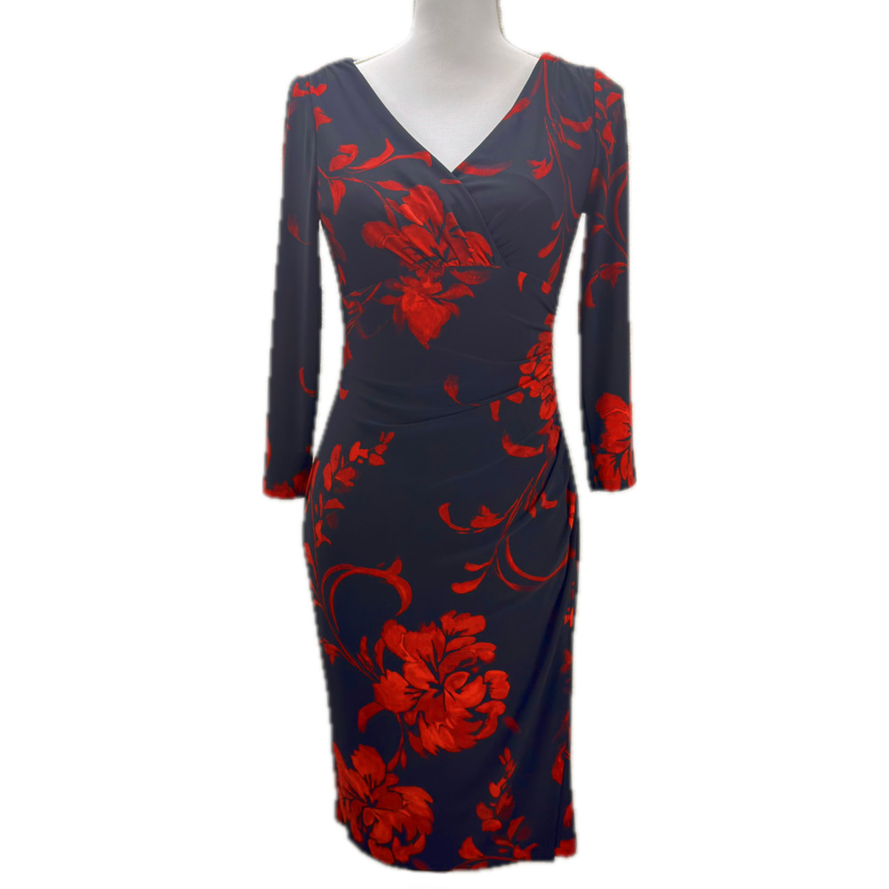 Lauren Ralph Lauren Red Black Floral Print Midi Sheath Dress 2 V-Neck 3/4 Sleeve